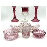 Cranberry Stained Glass Candlesticks, Bowls, and