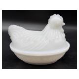 Vintage Small Hen on Nest Milk Glass Dish 4.5" x