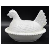 Vintage Milk Glass Hen on Nest Dish 7" x 5.5" x