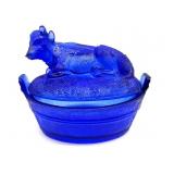 Vintage Cobalt Blue Glass Cow on Nest Dish 5.25"