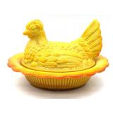Vintage Orange and Yellow Slag Glass Hen on Nest