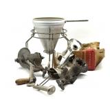 Vintage Grinders, Cone Sieve, and Shoe Forms