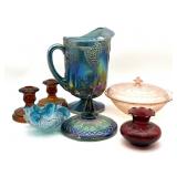 Blue Carnival Glass Pitcher, Pink Depression