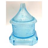 Vintage Blue Glass Beehive Honey Jar 3.75" x 5"