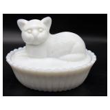 Vintage Westmoreland Milk Glass Cat on Nest