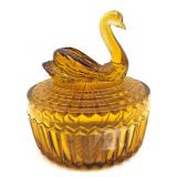Vintage Amber Stained Glass Swan Powder Dish 4.5"