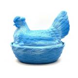 Vintage Heisey Large Blue Slag Glass Hen on Nest