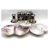 Vintage Porcelain Box, Candlesticks, and Handled