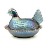 Vintage Blue Carnival Glass Hen on Nest Dish 7" x