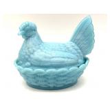 Vintage Light Blue Glass Hen on Nest Dish 5" x 4"