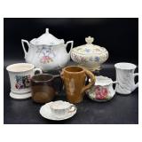 Vintage Mustache Cups, Porcelain Lidded Dishes,