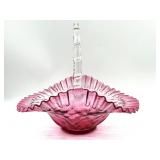 Cranberry and Clear Glass Basket 10.5" x 8.5" x
