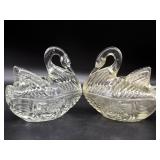 (2) Vintage Glass Swan Lidded Dishes 5" x 3" x