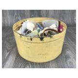 Metal Bin with Sewing Supplies Spools Buttons Etc
