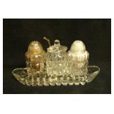 Crystal Salt and pepper shakers and sellar on dish Crystal Salt and pepper shakers and sellar on dish