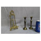 Plate holder & 2 brass candle stick holders Plate holder & 2 brass candle stick holders