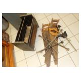 Old Wooden Tool box Saws Lug Wrenchs Old Wooden Tool box Saws Lug Wrenchs