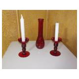 2 Red Candle holders and vase 2 Red Candle holders and vase