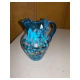 Late Victorian Blue Ruffled Art Glass Pitcher Late Victorian Blue Ruffled Art Glass Pitcher
