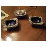 3 Silver Salt Cellars w/Cobalt blue dishes &spoons 3 Silver Salt Cellars w/Cobalt blue dishes &spoons