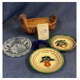 Wicker duck basket, senior cards, dishes