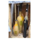 3 tall vases and peacock feathers