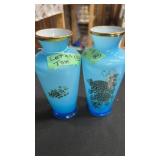 Light blue glass vases with gold floral accents