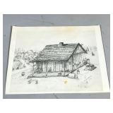 Pencil Drawing Of A Farmhouse, Signed
