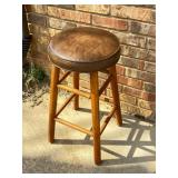 Wooden Stool With Brown Leather Seat