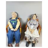 Elderly Couple Dolls in Wooden Rocking Chairs