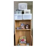 Wooden Shelf with Storage Bins and Items