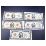 Five US $2 Red Seal Notes