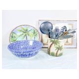 Palm Tree Decor and Blue Italian Bowl