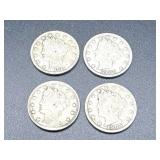 Four Liberty Head Nickel Coins, 1905-1911
