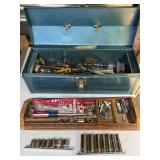Metal Tool Box With Hand Tools and Sockets