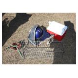 Vintage wire basket, bowling ball, cooler