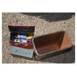 ammo cans w/contents, metal waste basket