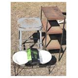 Metal Shop Stool, Metal Rack, Dog Bowls w/stand