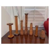 Grouping of (7) antique wood spool candle holders - various heights…..basket included (see pics)