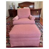 Henredon Custom Folio Collection marching club chair and ottoman in a red and white diamond pattern upholstery