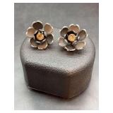 Vintage Coro silver-tone with black enamel and clear stones flower clip-on earrings