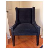 Deep blue microfiber-like fabric dining arm chair…..does show wear from normal but is a sturdy frame piece….27 x 19-1/2 x 19 tall to seat (40-1/2 tall overall)