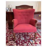 Queen Ann Style upholstered wing back arm chair…..25-3/4 x 18 x 16 tall to seat (35 tall overall)…..wood on arms shows slight wear and legs show wear….all from normal use