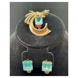 Vintage Trifari Sterling Silver Gold-Tone Vermeil Blue & Red Glass Retro Brooch Pin with matching clip-on earrings…..38 total grams…..missing some clear stones on brooch