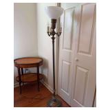 Beautiful Vintage Brass Base Torchiette Floor Lamp With Glass Shade…..61-1/2” tall….in working condition and top switch is 3-way