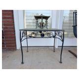 Wrought iron side table with textured glass top - also includes wrought iron bagota-style tabletop decor….table measures 24 x 18 x 20-1/2 tall
