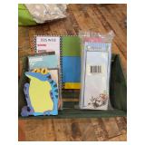 Wooden box and contents of notepads, post-its and more…..most are new