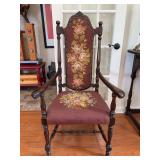 19th-century antique Victorian-style needlepoint chair featuring a carved wood frame and intricate floral upholstery…..25 x 18 x 19 tall to seat (49-1/2 tall overall)
