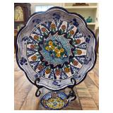 Handcrafted ceramic Talavera Mexican serving platter featuring intricate hand-painted floral and geometric designs with a scalloped edge and condiment dish