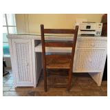 White wicker desk with side unit for computer tower and 2 drawers….also includes ladder back chair and glass overlay…..PRINTER NOT INCLUDED…..53-1/2 x 26 x 31 tall